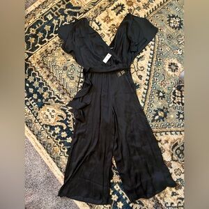 Express Satin Black Cropped Wide Leg Jumpsuit